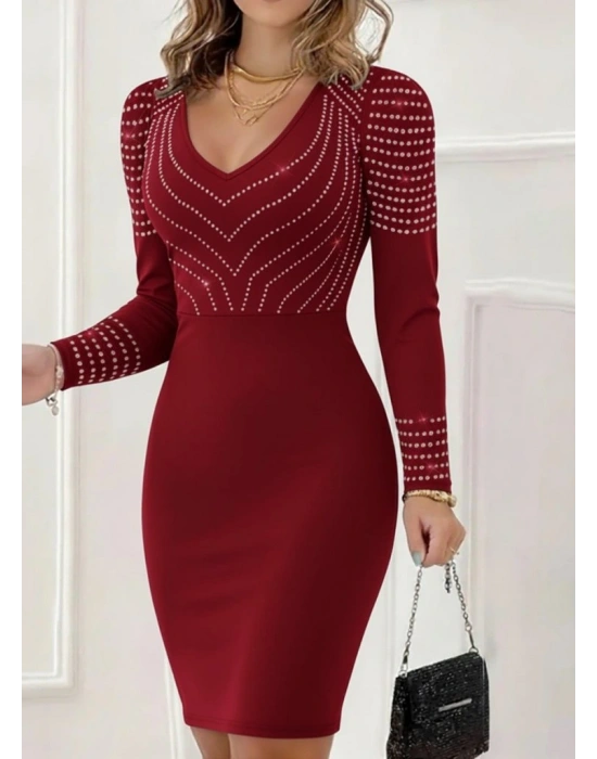 Kadın Uzun Kollu V Yakalı Taşlı Mini Ithal Krep Elbise
