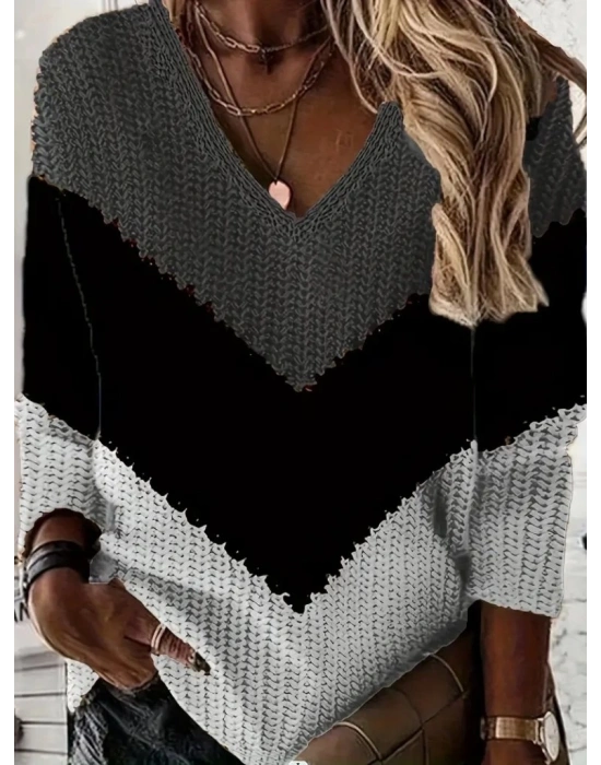 Kadın Uzun Kollu V Yakalı Triko Bluz