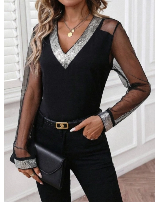 Kadın Uzun Kollu V Yakalı Tül Detaylı Ithal Krep Bluz