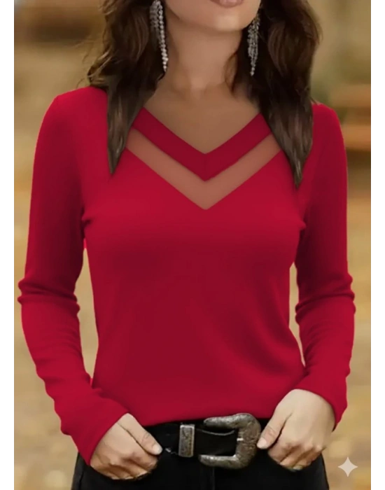 Kadın Uzun Kollu V Yakalı Tül Göğüs Dekolte Detaylı Viskon Bluz