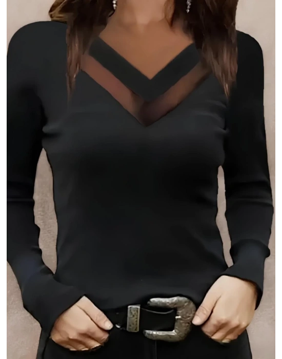 Kadın Uzun Kollu V Yakalı Tül Göğüs Dekolte Detaylı Viskon Bluz