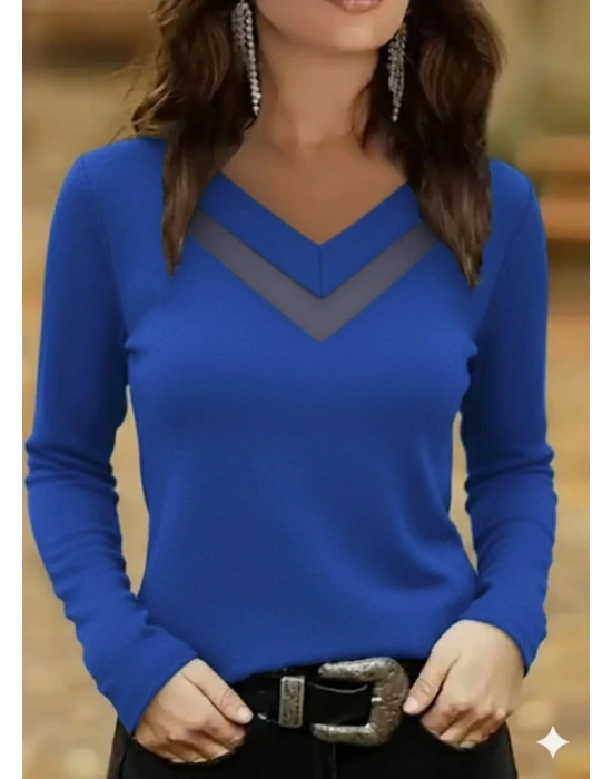 Kadın Uzun Kollu V Yakalı Tül Göğüs Dekolte Detaylı Viskon Bluz