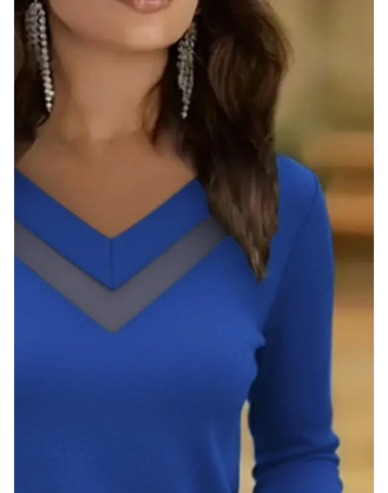 Kadın Uzun Kollu V Yakalı Tül Göğüs Dekolte Detaylı Viskon Bluz