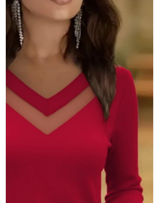 Kadın Uzun Kollu V Yakalı Tül Göğüs Dekolte Detaylı Viskon Bluz