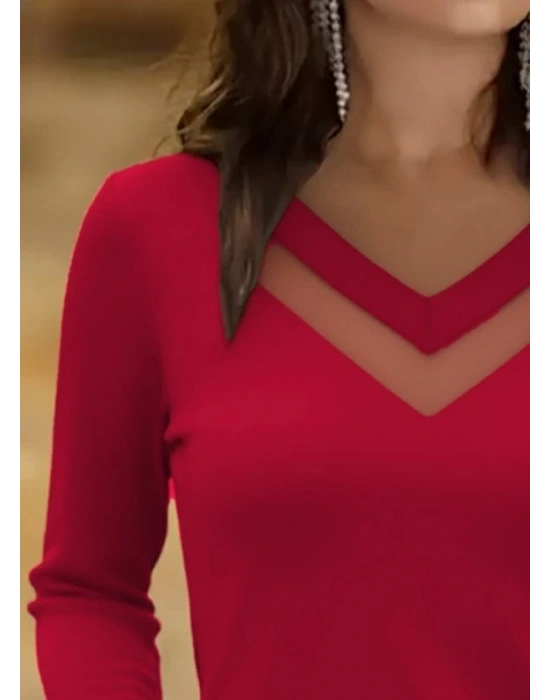 Kadın Uzun Kollu V Yakalı Tül Göğüs Dekolte Detaylı Viskon Bluz