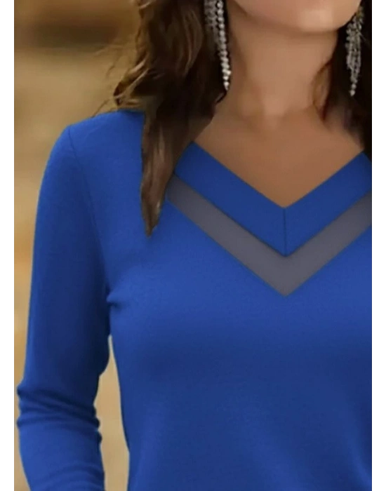 Kadın Uzun Kollu V Yakalı Tül Göğüs Dekolte Detaylı Viskon Bluz