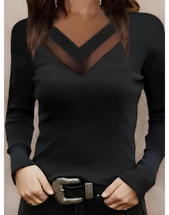 Kadın Uzun Kollu V Yakalı Tül Göğüs Dekolte Detaylı Viskon Bluz