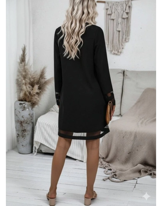 Kadın Uzun Kollu V Yakalı Tül şerit Detaylı Mini Krep Elbise