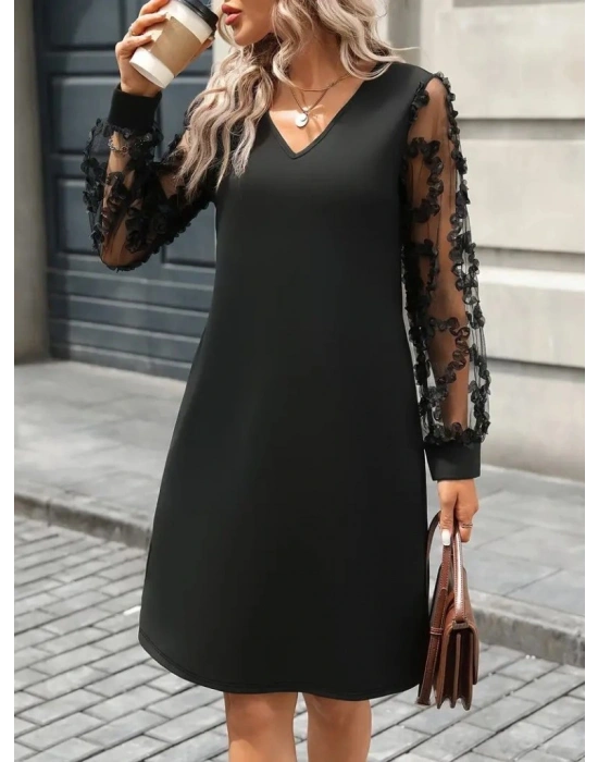 Kadın Uzun Kollu V Yakalı Tüllü Kısa Ithal Krep Mini Elbise