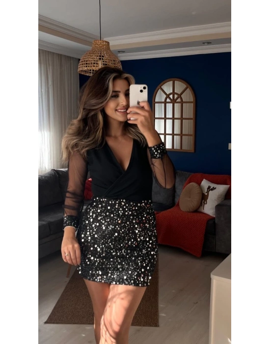 Kadın Uzun Kollu V Yakalı üst Krep Alt Payet Kısa Elbise