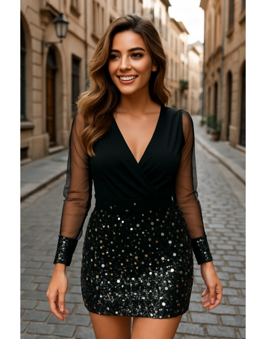 Kadın Uzun Kollu V Yakalı üst Krep Alt Payet Kısa Elbise