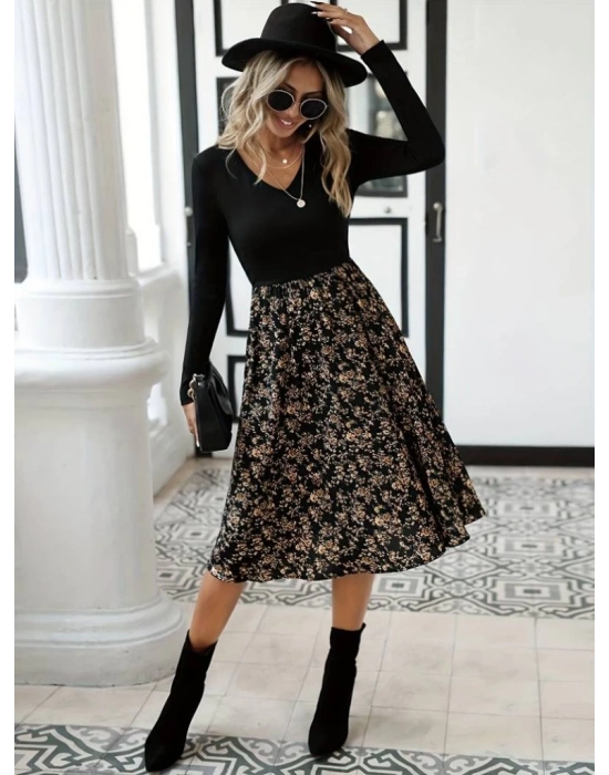 Kadın Uzun Kollu V Yakalı üst Viskon Alt çiçek Desenli Süprem Kısa Elbise