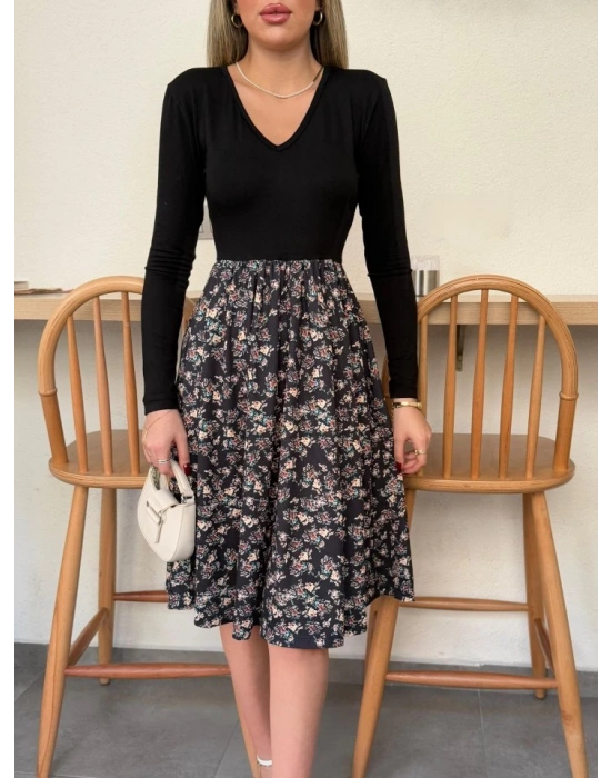 Kadın Uzun Kollu V Yakalı üst Viskon Alt çiçek Desenli Süprem Kısa Elbise