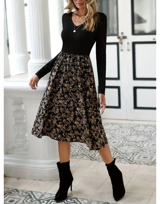 Kadın Uzun Kollu V Yakalı üst Viskon Alt çiçek Desenli Süprem Kısa Elbise