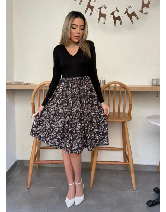 Kadın Uzun Kollu V Yakalı üst Viskon Alt çiçek Desenli Süprem Kısa Elbise