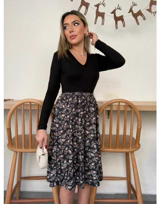 Kadın Uzun Kollu V Yakalı üst Viskon Alt çiçek Desenli Süprem Kısa Elbise