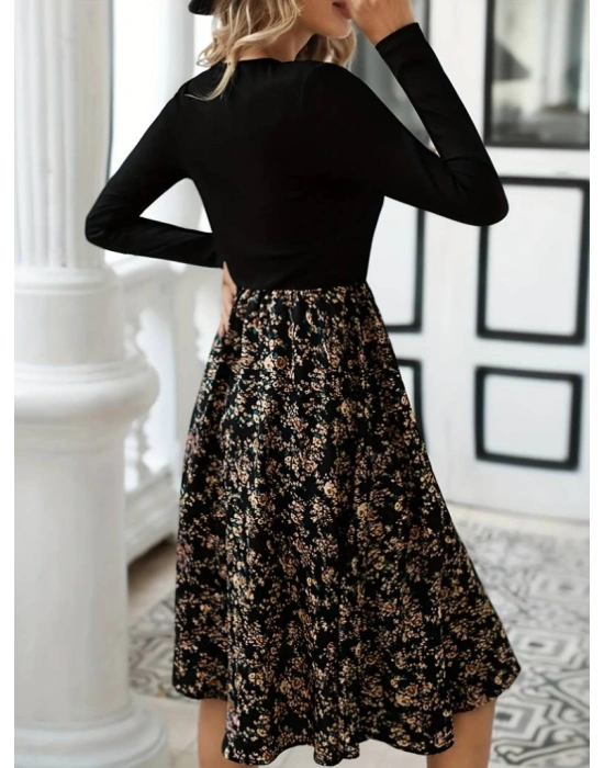 Kadın Uzun Kollu V Yakalı üst Viskon Alt çiçek Desenli Süprem Kısa Elbise