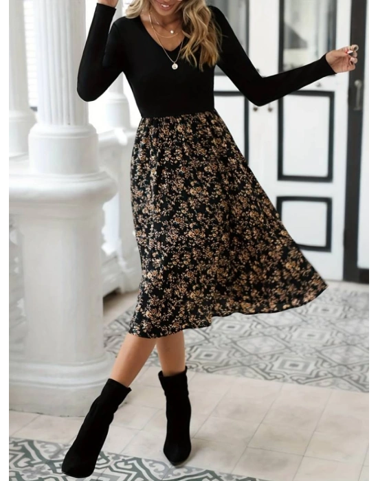 Kadın Uzun Kollu V Yakalı üst Viskon Alt çiçek Desenli Süprem Kısa Elbise