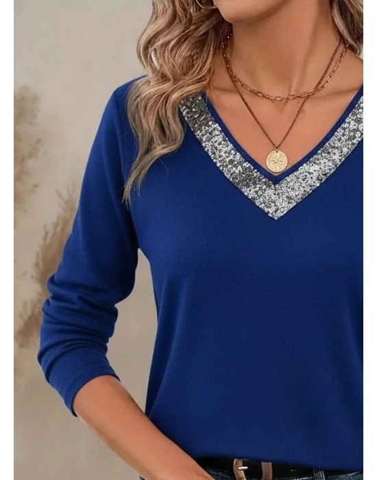 Kadın Uzun Kollu V Payet Yakalı Viskon Bluz