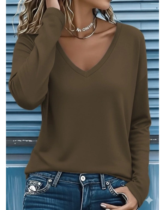 Kadın Uzun Kollu V Yakalı Viskon Iki Iplik Bluz