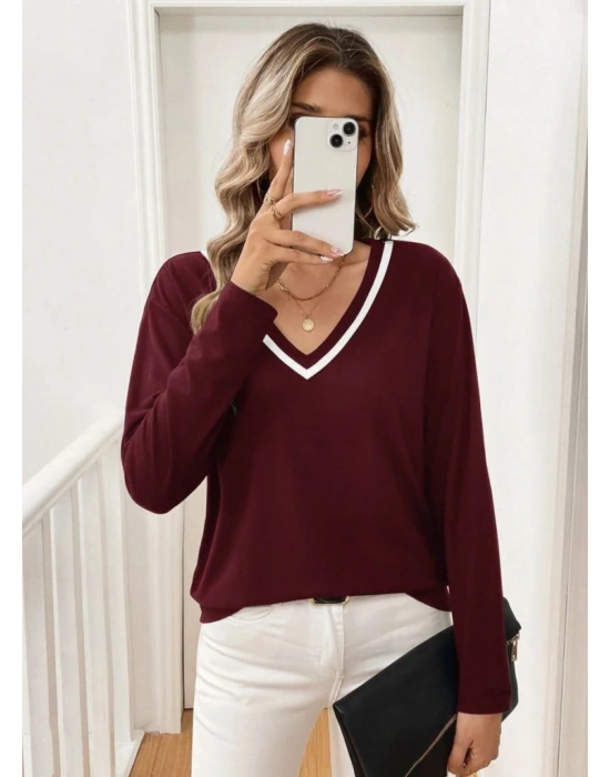 Kadın Uzun Kollu V Yakalı Viskon Iki Iplik Bluz