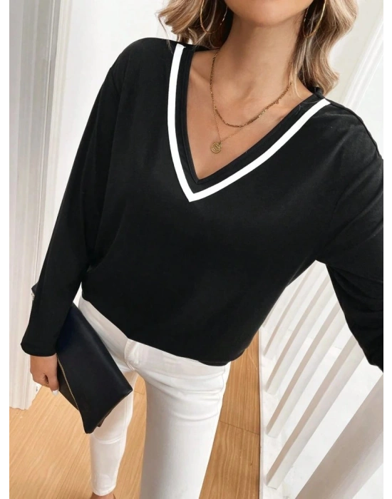 Kadın Uzun Kollu V Yakalı Viskon Iki Iplik Bluz