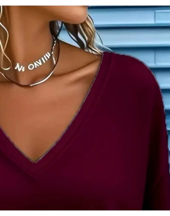 Kadın Uzun Kollu V Yakalı Viskon Iki Iplik Mürdüm Renk Bluz