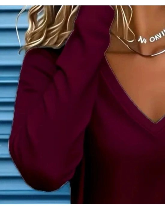 Kadın Uzun Kollu V Yakalı Viskon Iki Iplik Mürdüm Renk Bluz