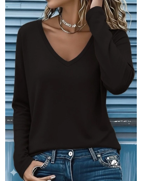 Kadın Uzun Kollu V Yakalı Viskon Iki Iplik Bluz