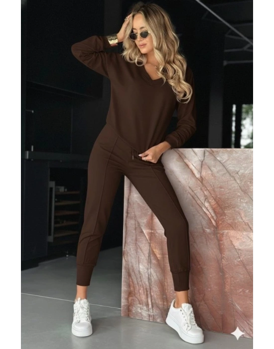 Kadın Uzun Kollu V Yakalı Viskon Iki Iplik Bluz Ve Pantolon Ikili Takım