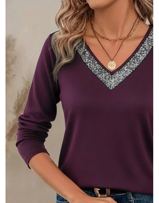 Kadın Uzun Kollu V Payet Yakalı Viskon Mürdüm Bluz