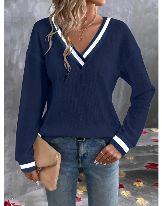 Kadın Uzun Kollu V Yakalı Waffle Bluz