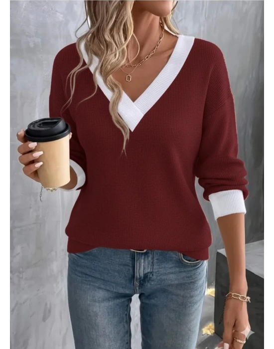 Kadın Uzun Kollu V Yakalı Waffle Bluz