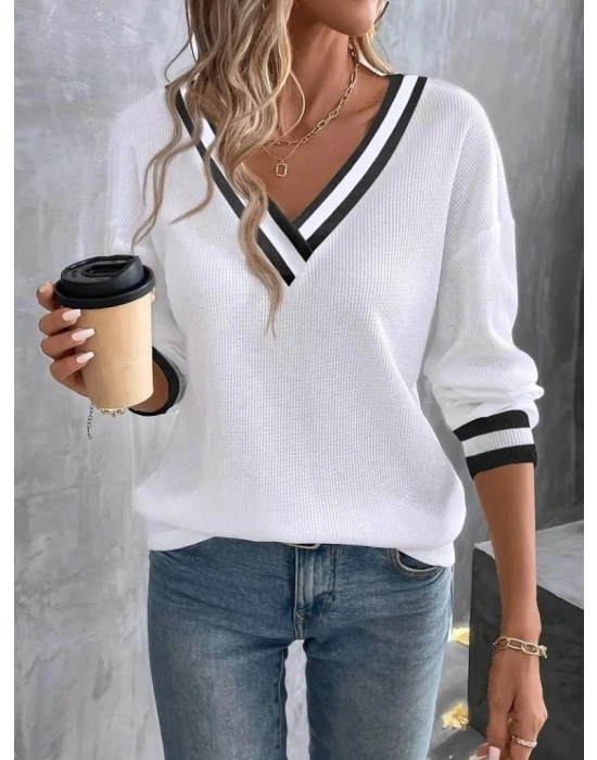Kadın Uzun Kollu V Yakalı Waffle Bluz