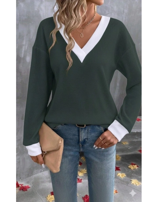 Kadın Uzun Kollu V Yakalı Waffle Bluz