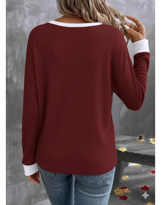 Kadın Uzun Kollu V Yakalı Waffle Bluz