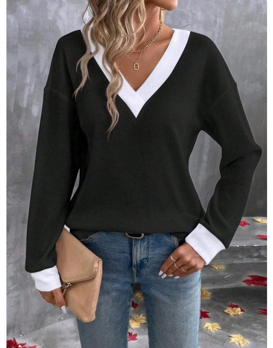 Kadın Uzun Kollu V Yakalı Waffle Bluz