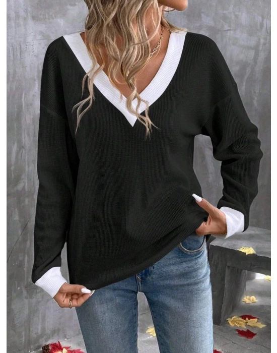 Kadın Uzun Kollu V Yakalı Waffle Bluz