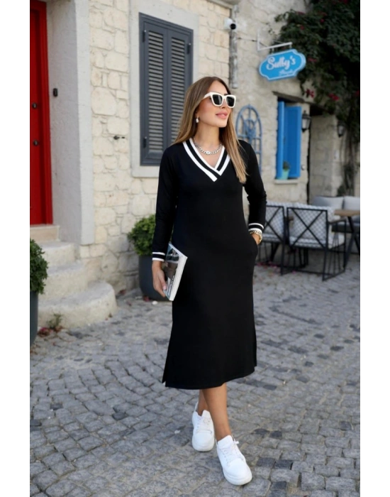 Kadın Uzun Kollu V Yakalı Yandan Yırtmaçlı Iki Iplik Midi Elbise