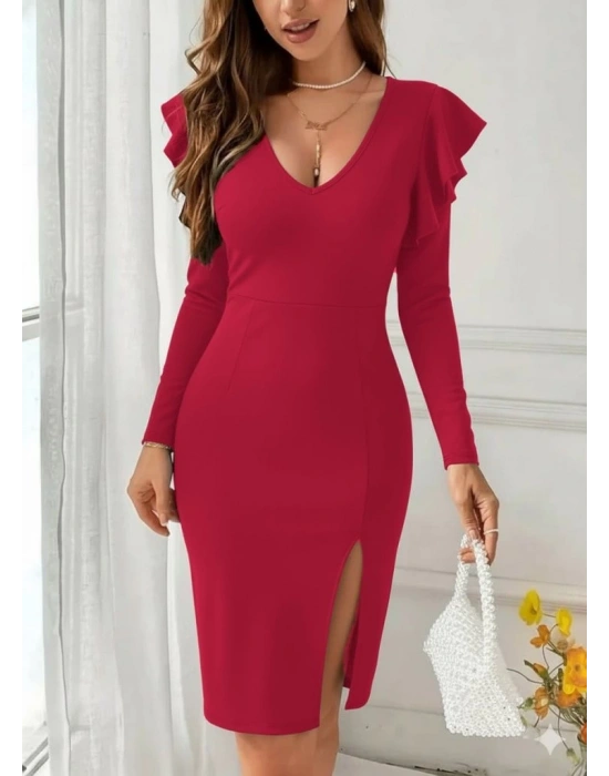 Kadın Uzun Kollu V Yakalı Yandan Yırtmaçlı Midi Ithal Krep Elbise