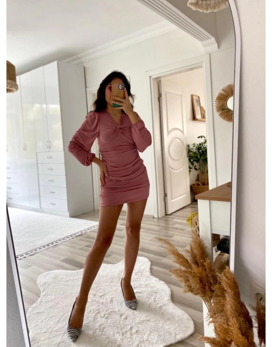 Kadın Uzun Kollu V Yakalı Yanlardan Büzgülü Kısa Sandy Elbise