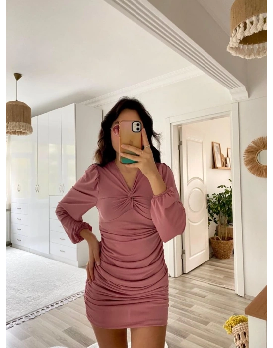 Kadın Uzun Kollu V Yakalı Yanlardan Büzgülü Kısa Sandy Elbise