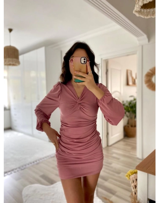 Kadın Uzun Kollu V Yakalı Yanlardan Büzgülü Kısa Sandy Elbise