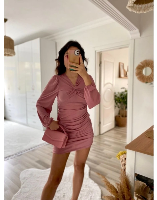 Kadın Uzun Kollu V Yakalı Yanlardan Büzgülü Kısa Sandy Elbise