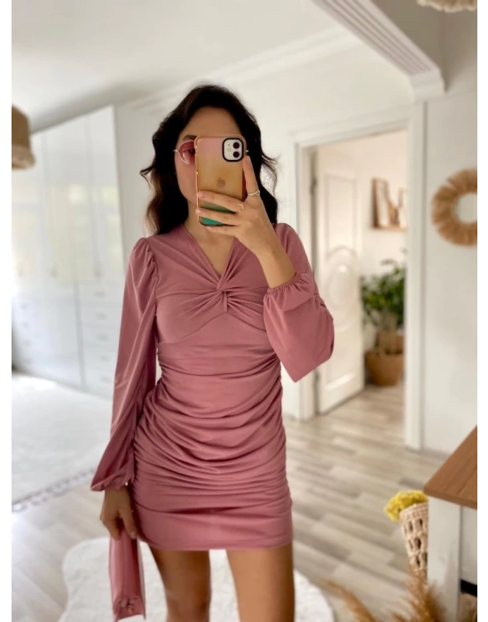 Kadın Uzun Kollu V Yakalı Yanlardan Büzgülü Kısa Sandy Elbise