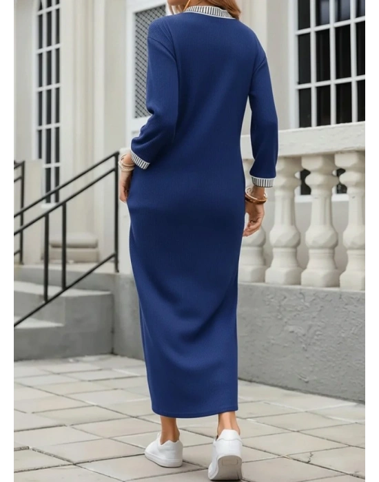 Kadın Uzun Kollu V Yakalı Yanlardan Yırtmaçlı Uzun Viskon Iki Iplik Elbise