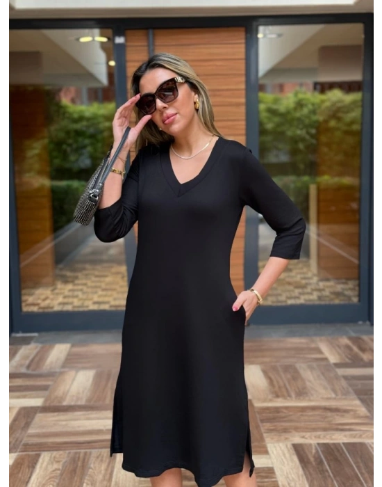 Kadın Uzun Kollu V Yakalı Yanlardan Yırtmaçlı Viskon Iki Iplik Midi Elbise