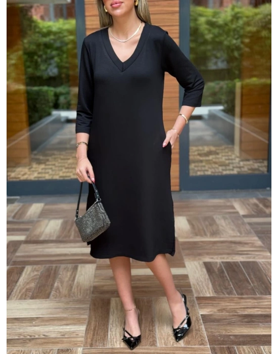 Kadın Uzun Kollu V Yakalı Yanlardan Yırtmaçlı Viskon Iki Iplik Midi Elbise
