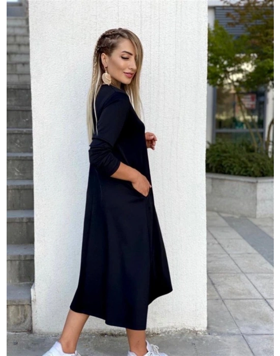 Kadın Uzun Kollu V Yakalı Yanlardan Yırtmaçlı Viskon Iki Iplik Midi Elbise