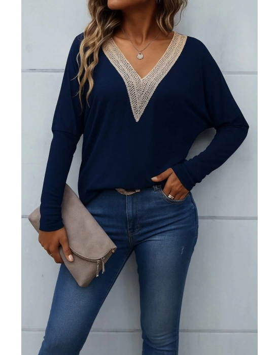 Kadın Uzun Kollu V Yakalı Yarasa Kollu Viskon Bluz
